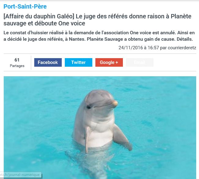 Nantes – [Affaire du dauphin Galéo] Le juge des référés donne raison à Planète sauvage et déboute One voice
