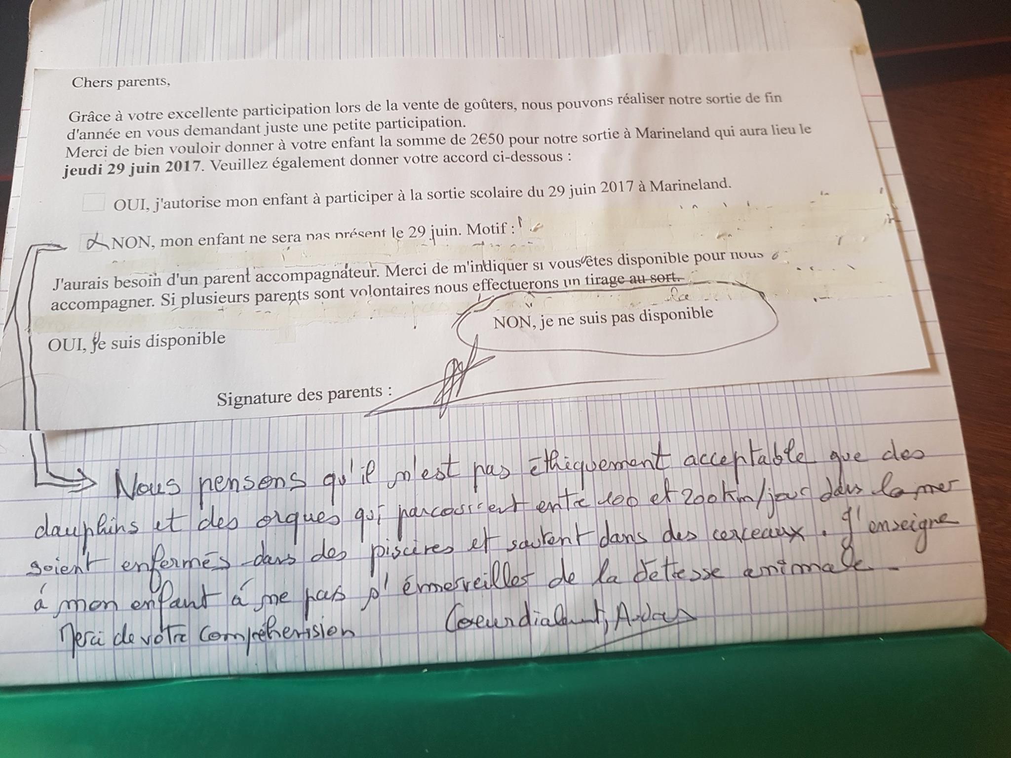 Elle refuse que son fils aille au Marineland d’Antibes avec sa classe et lui écrit un mot d’excuse génial